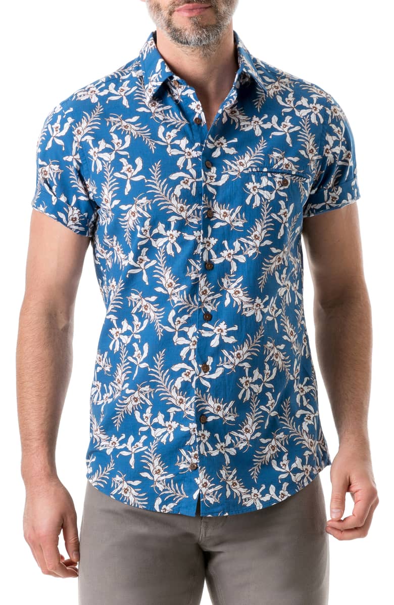 Hopioneer Men’s Hawaiian Aloha Flower Short Sleeve Button-Down Shirt 